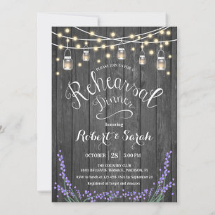 Rustic Wood Lights Lavender Rehearsal Dinner Invitation