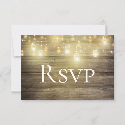 Rustic Wood  Lights Mason Jar RSVP Card