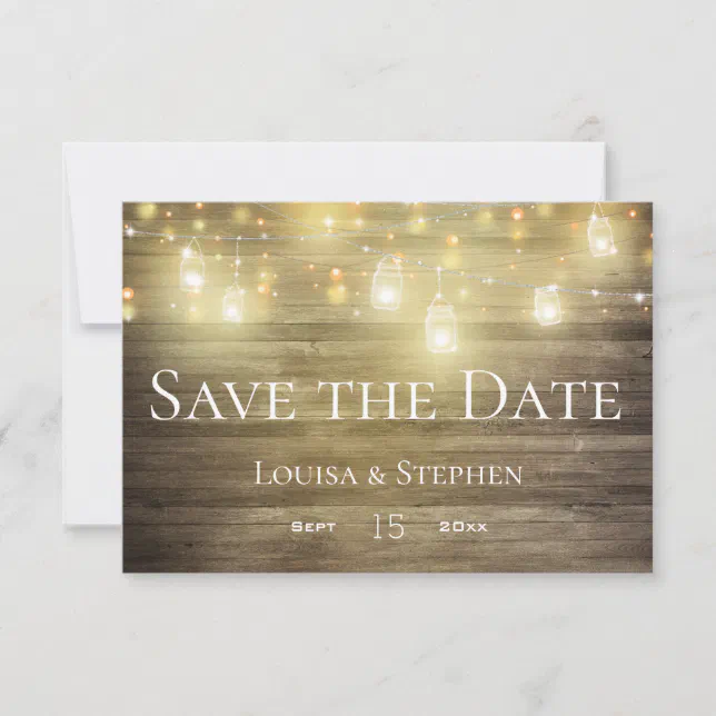 Rustic Wood & Lights Mason Jar Save the Date Card | Zazzle
