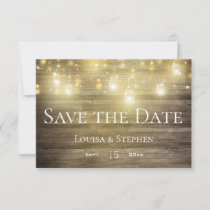 Rustic Wood & Lights Mason Jar Save the Date Card
