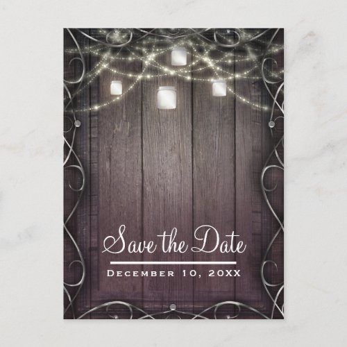 Rustic Wood Lights  Mason Jars Barn Save the Date Announcement Postcard