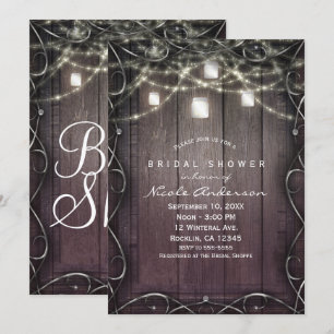 Rustic Wood Lights & Mason Jars Flourish Bridal Invitation