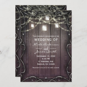 Rustic Wood Lights & Mason Jars Flourish Wedding Invitation