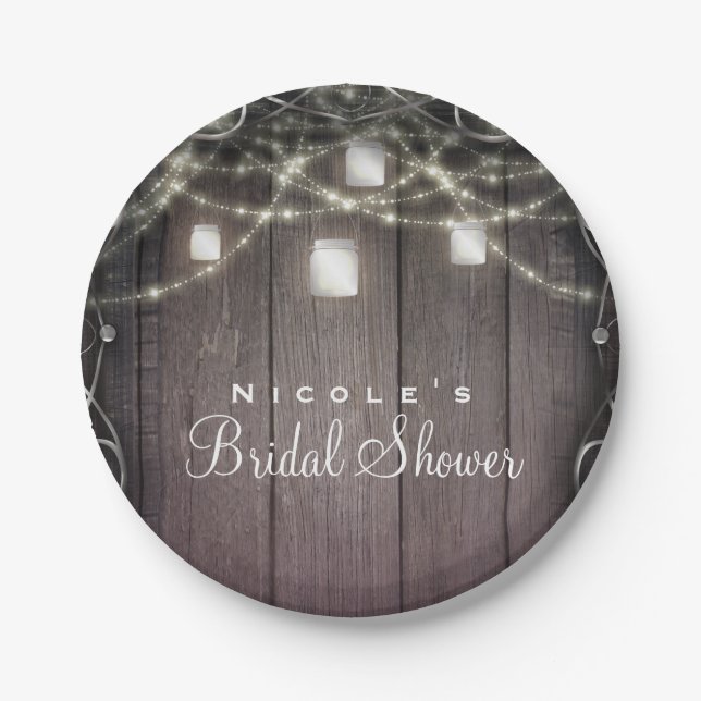 Rustic Wood Lights & Mason Jars Flourish Wedding Paper Plates (Front)
