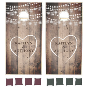 Rustic Wood Lights Mason Jars Heart Couple Cornhole Set