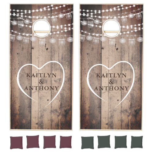 Rustic Wood Lights Mason Jars Heart Couple Cornhole Set