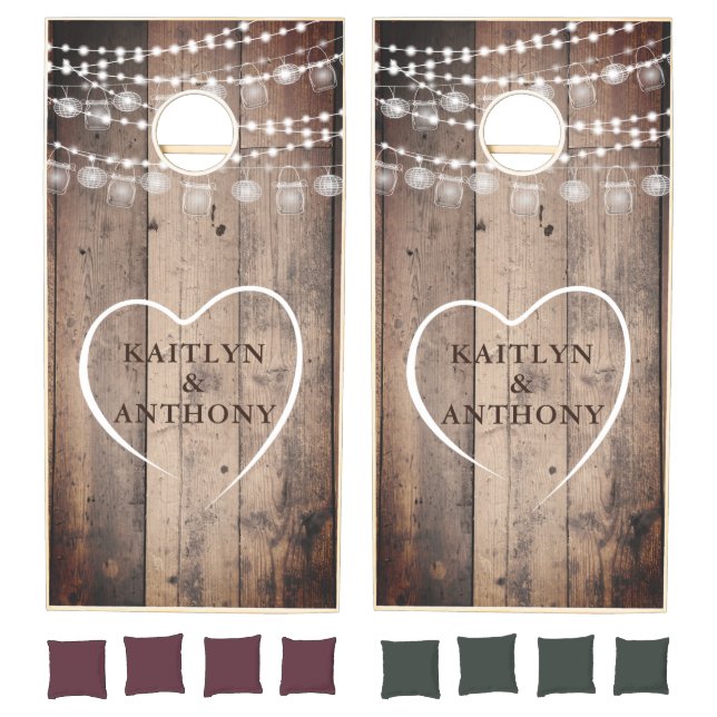 Rustic Wood Lights Mason Jars Heart Couple Cornhole Set (Set)
