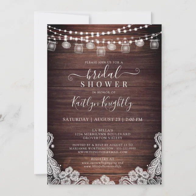 Rustic Wood Lights Mason Jars Lace Bridal Shower I Invitation | Zazzle