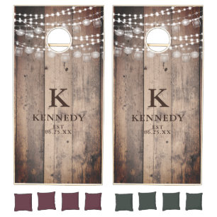 Rustic Wood Lights Mason Jars Monogram Family Name Cornhole Set