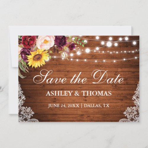 Rustic Wood Lights Mixed Floral Lace Save The Date