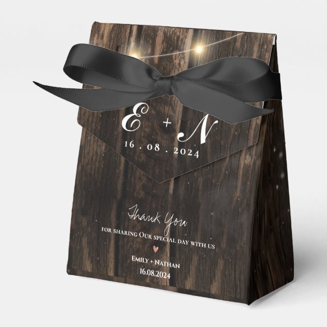 Rustic Wood Lights Monogram Thank You Wedding Favor Boxes (Front Side)