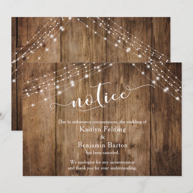Rustic Wood & Lights Notice Canceled Wedding Card (Front/Back)