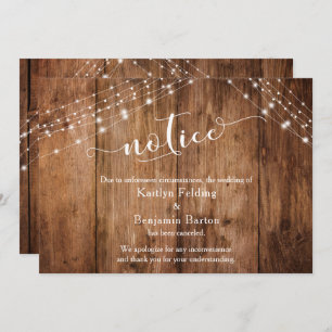 Rustic Wood & Lights Notice Canceled Wedding Card