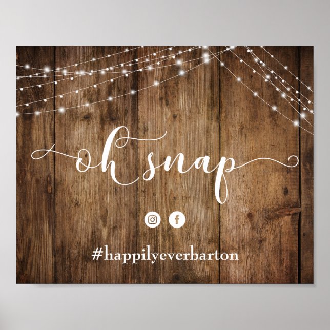 Rustic Wood & Lights Oh Snap Wedding Hashtag Sign (Front)