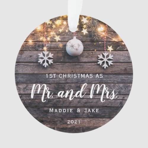 Rustic Wood Lights Photo First Christmas Married Ornament