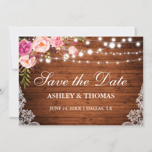 Rustic Wood Lights Pink Floral Lace Save the Date