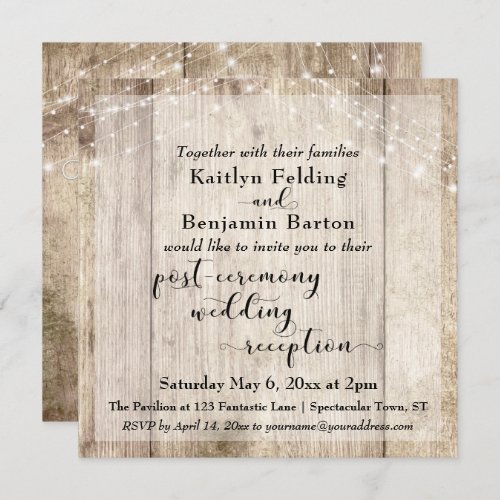 Rustic Wood Lights Post Ceremony Wedding Reception Invitation