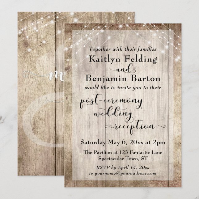 Rustic Wood Lights Post Ceremony Wedding Reception Invitation (Front/Back)