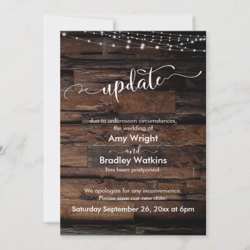 Rustic Wood Lights Postponed Wedding Update Card