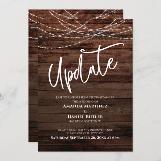 Rustic Wood & Lights Postponed Wedding Update Card (Front/Back)