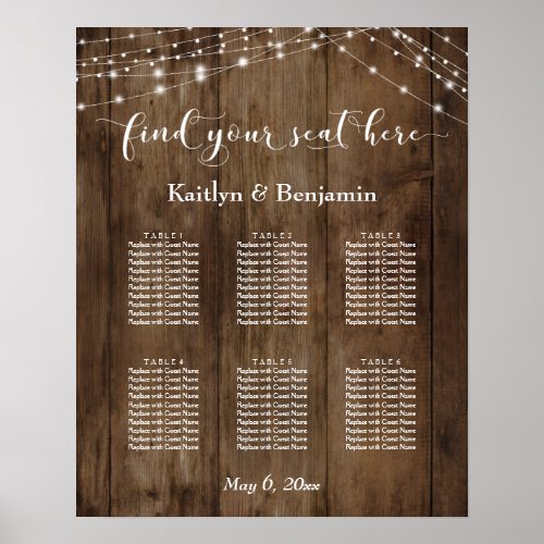 Rustic Wood Lights Reception 6 Table Seating Chart
