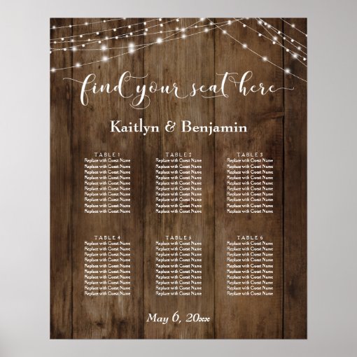 Rustic Wood Lights Reception 6 Table Seating Chart | Zazzle