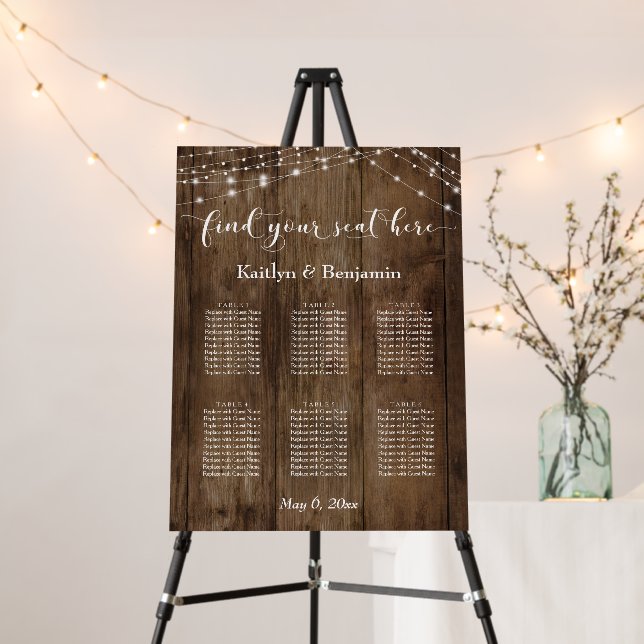Rustic Wood Lights Reception 6 Table Seating Chart Foam Board (In Situ (Stand))