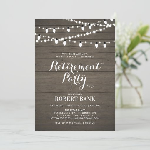 Rustic Wood & Lights Retirement Party Invitation | Zazzle