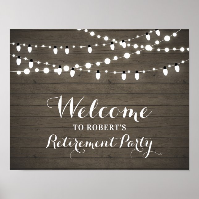 Rustic Wood & Lights Retirement Party Welcome Sign (Front)