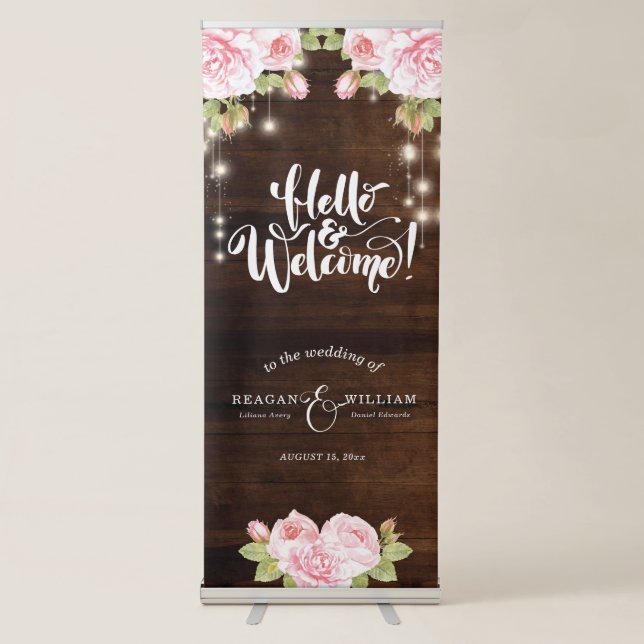 Rustic Wood Lights Roses Wedding Welcome Sign (Front)