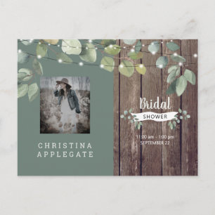 Rustic Wood & Lights Sage Bridal Shower Invitation Postcard