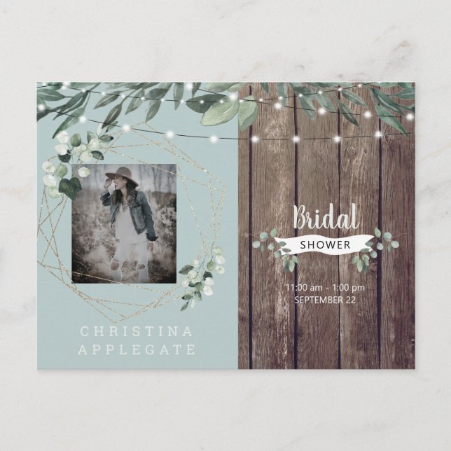 Rustic Wood & Lights Seafoam Bridal Shower Invitation Postcard (Front)