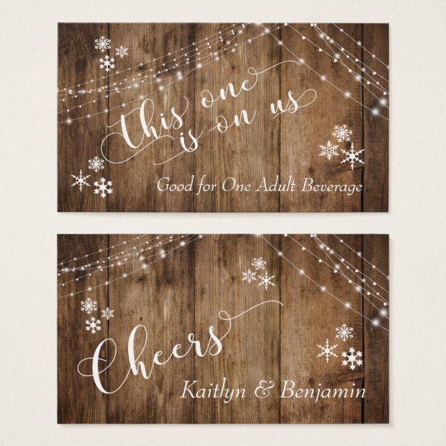 Rustic Wood, Lights & Snowflakes Drink Tickets (Front & Back)