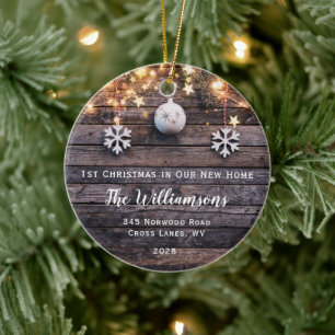 Rustic Wood Lights Stars Housewarming New Address Ceramic Ornament
