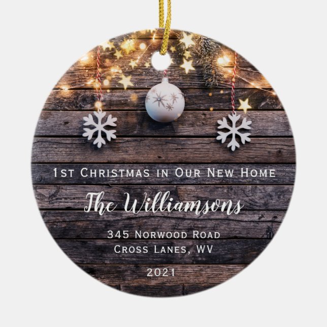 Rustic Wood Lights Stars Housewarming New Address  Ceramic Ornament (Front)
