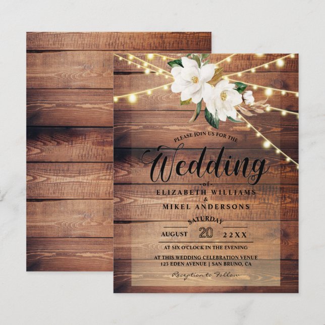 Rustic Wood Lights String & Floral White wedding  Invitation (Front/Back)