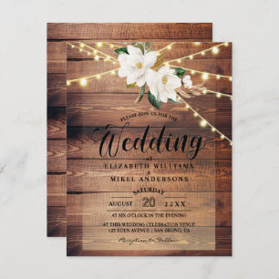 Rustic Wood Lights String & Floral White wedding Invitation