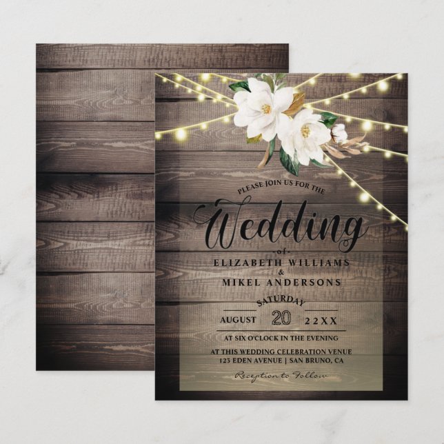 Rustic Wood Lights String & Floral White wedding  Invitation (Front/Back)