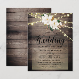 Rustic Wood Lights String & Floral White wedding  Invitation