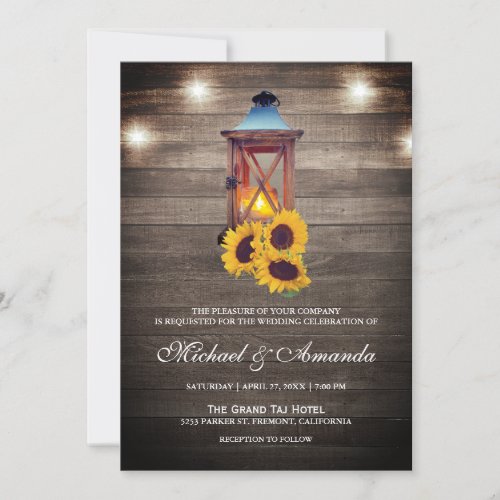 Rustic Wood Lights Sunflower Lantern Wedding Invitation