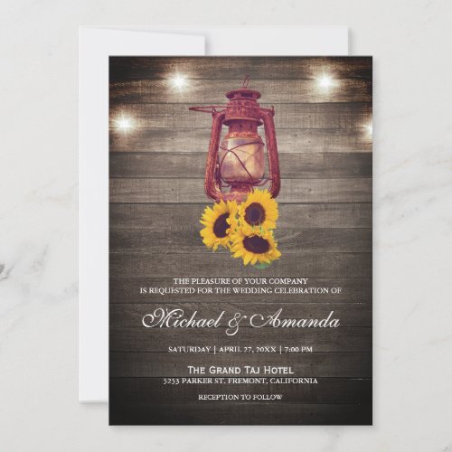 Rustic Wood Lights Sunflower Oil Lantern Wedding Invitation