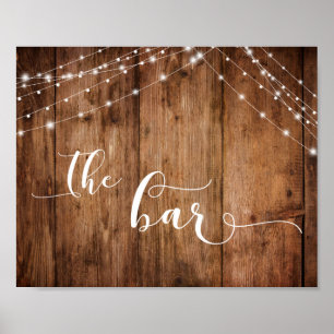 Rustic Wood & Lights The Bar Reception Sign