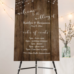 Rustic Wood &amp; Lights Typography Wedding Itinerary Foam Board