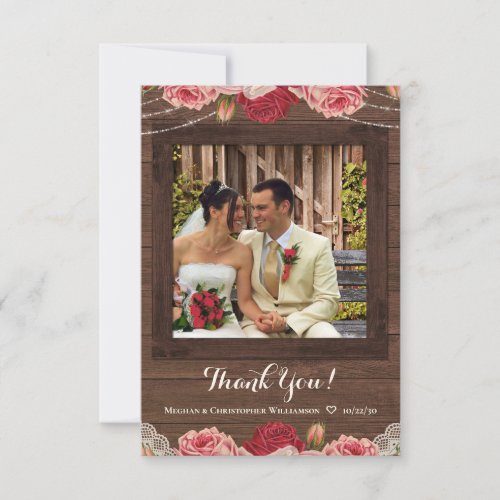 Rustic Wood Lights Vintage Floral Wedding Photo Thank You Card