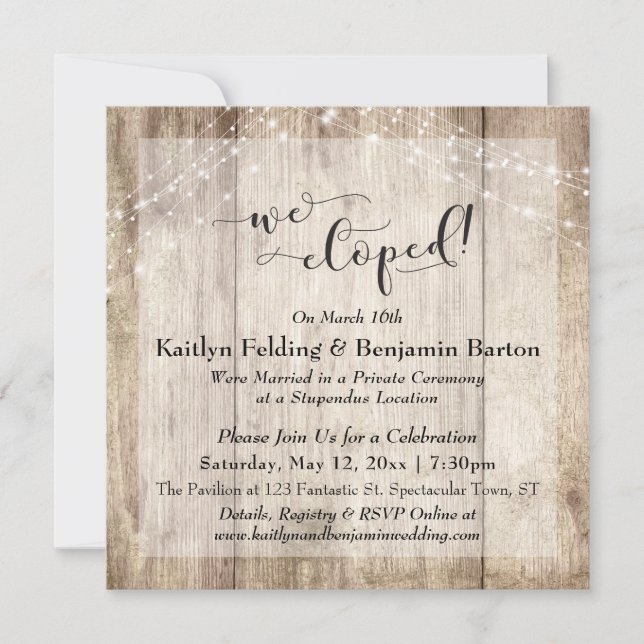 Rustic Wood Lights We Eloped Typography, Reception Invitation (Front)