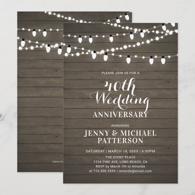 Rustic Wood & Lights Wedding Anniversary Party Invitation (Front/Back)