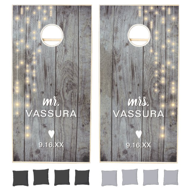 Rustic Wood Lights Wedding Personalized Cornhole Set (Set)
