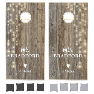 Rustic Wood Lights Wedding Personalized Cornhole Set