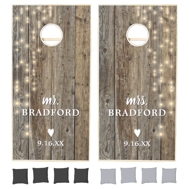 Rustic Wood Lights Wedding Personalized Cornhole Set (Set)