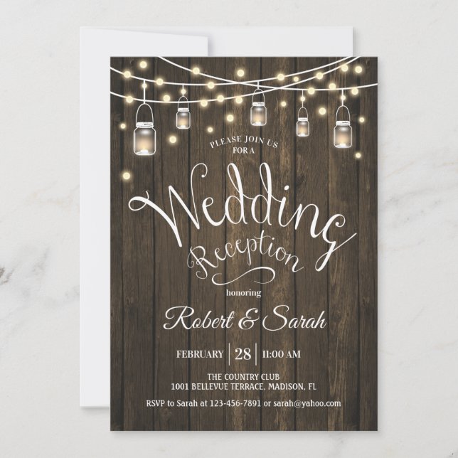Rustic Wood & Lights Wedding Reception Invitation (Front)